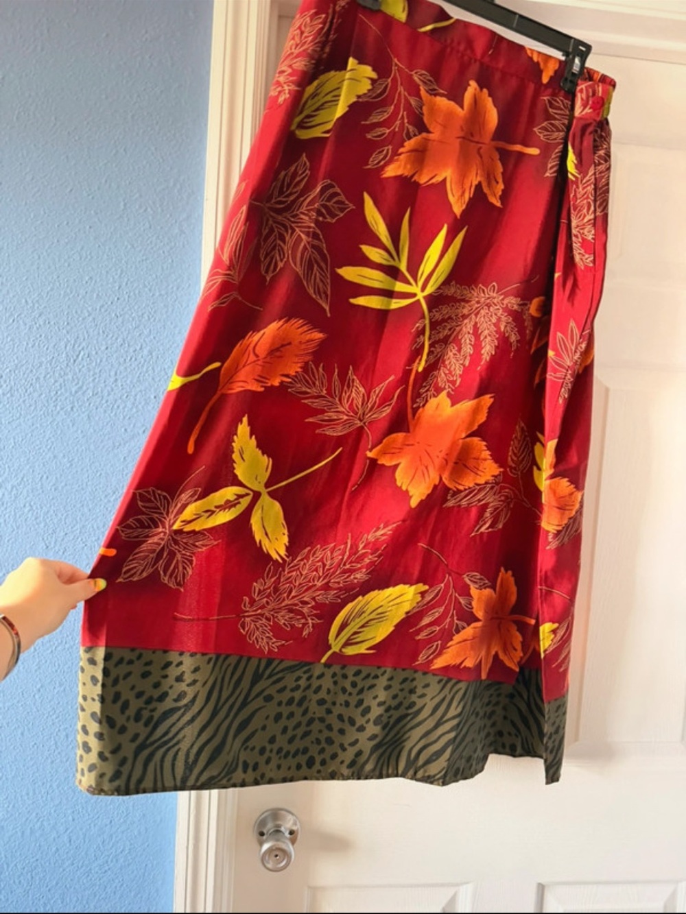 Red Floral Maxi Skirt with Olive Contrast Hem